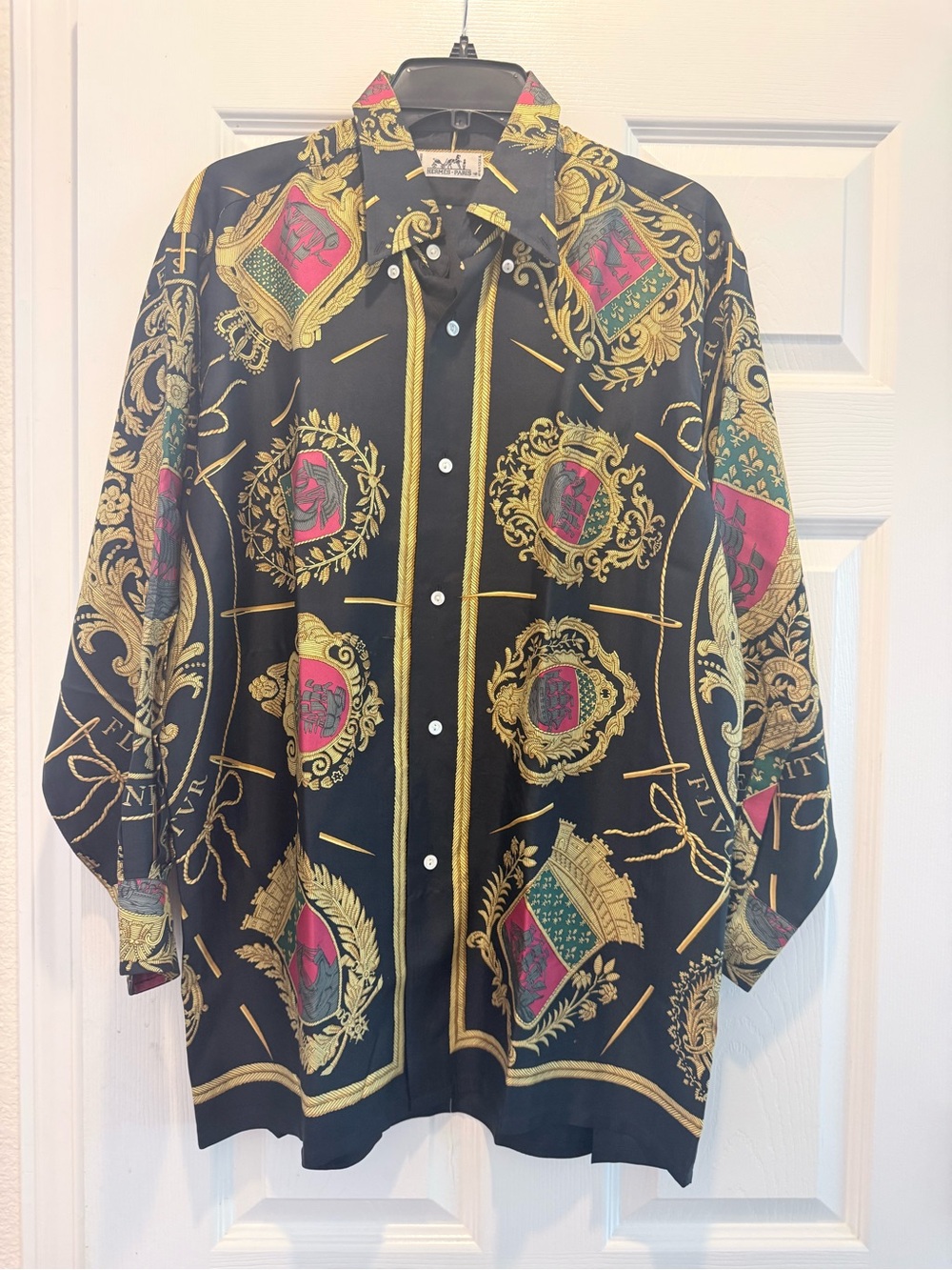 Hermes Black Gold Medallion Silk Button-Up Top with Pink and Green Accents